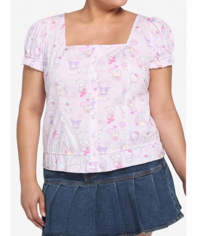 Hello Kitty And Friends Pastel Ruffle Button-Up Girls Top Plus Size $6.26 Tops